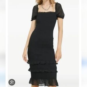 NWT Abercrombie & Fitch Black Smocked Puff Sleeve Midi Dress LT Ruffle Tiered